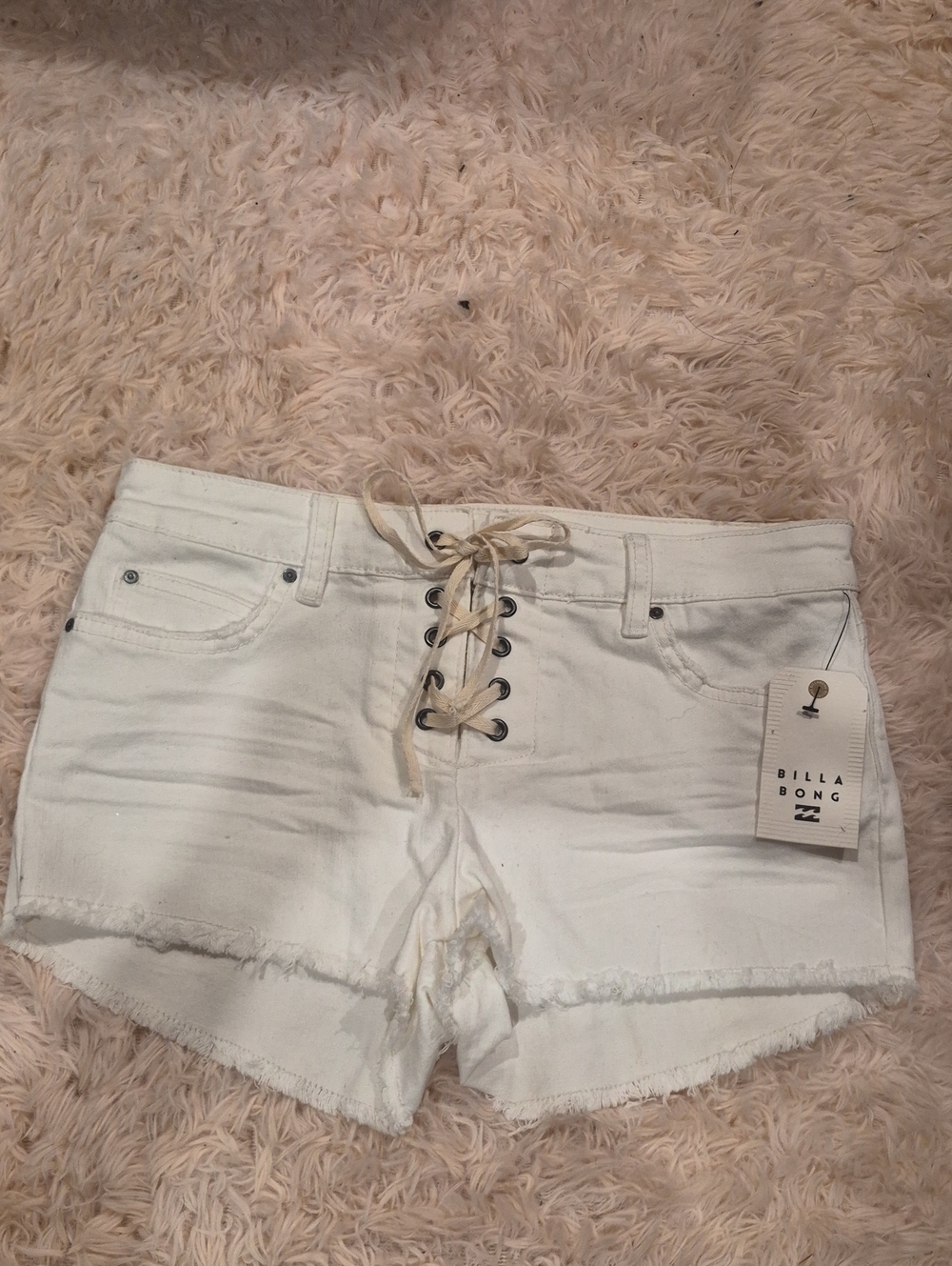 Billabong White Lace-Up Frayed Hem Denim Shorts